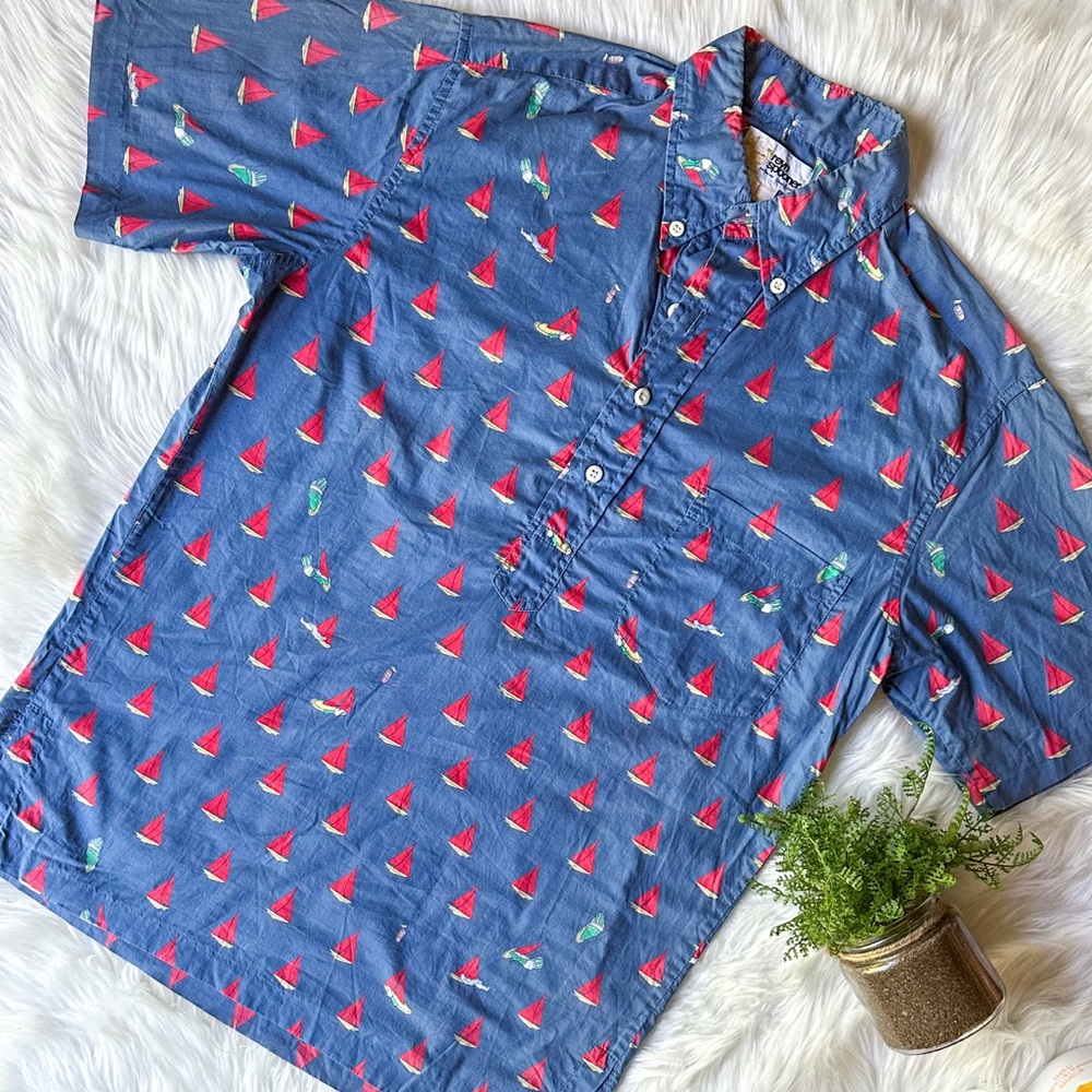 Reyn Spooner Shirt Men S Blue Sailboat Hawaiian Camp Aloha 1/2 Button Up Vintage